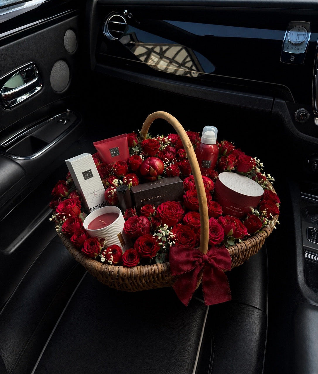 Red bloom basket with products
