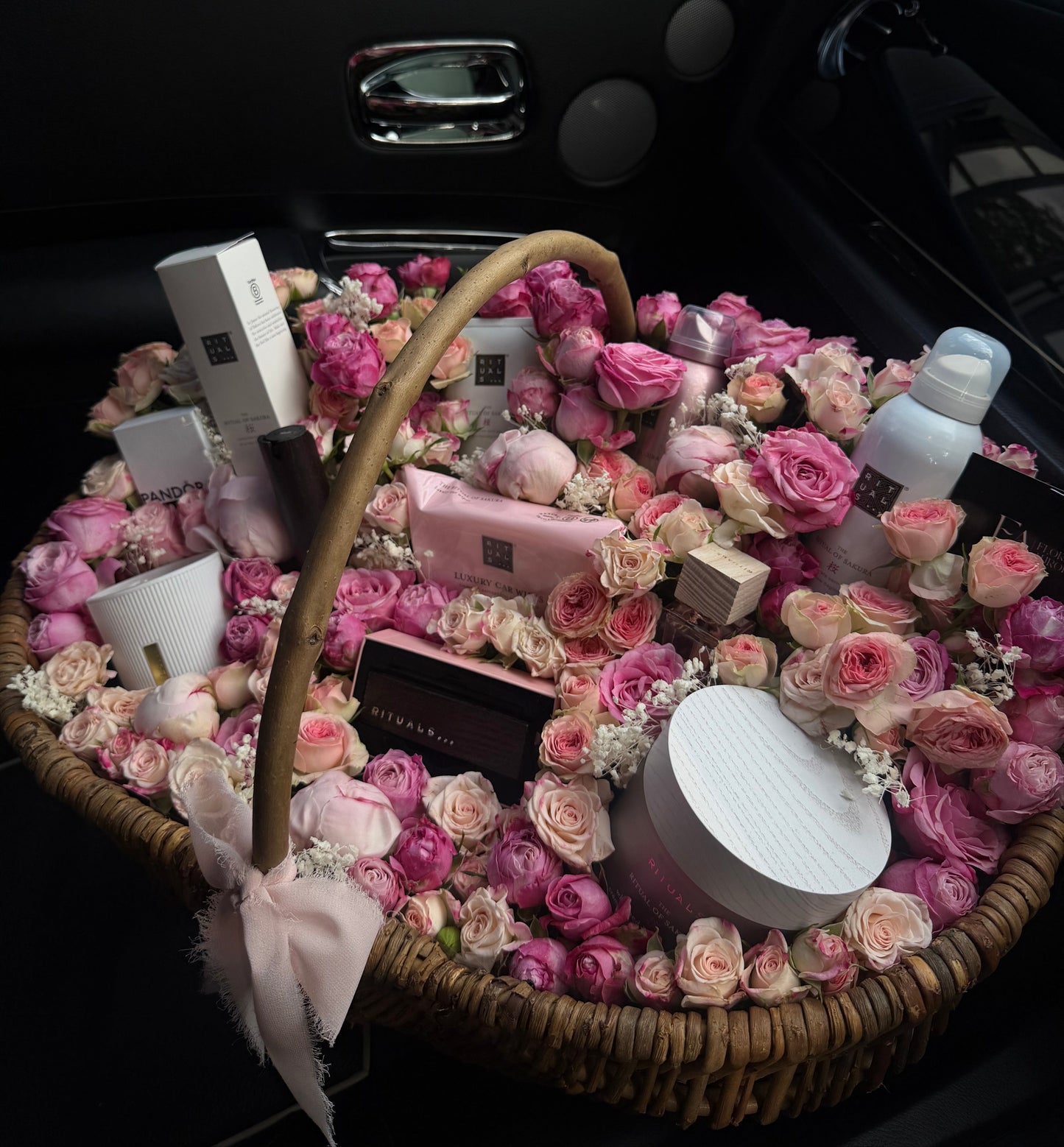 pink bloom basket with products