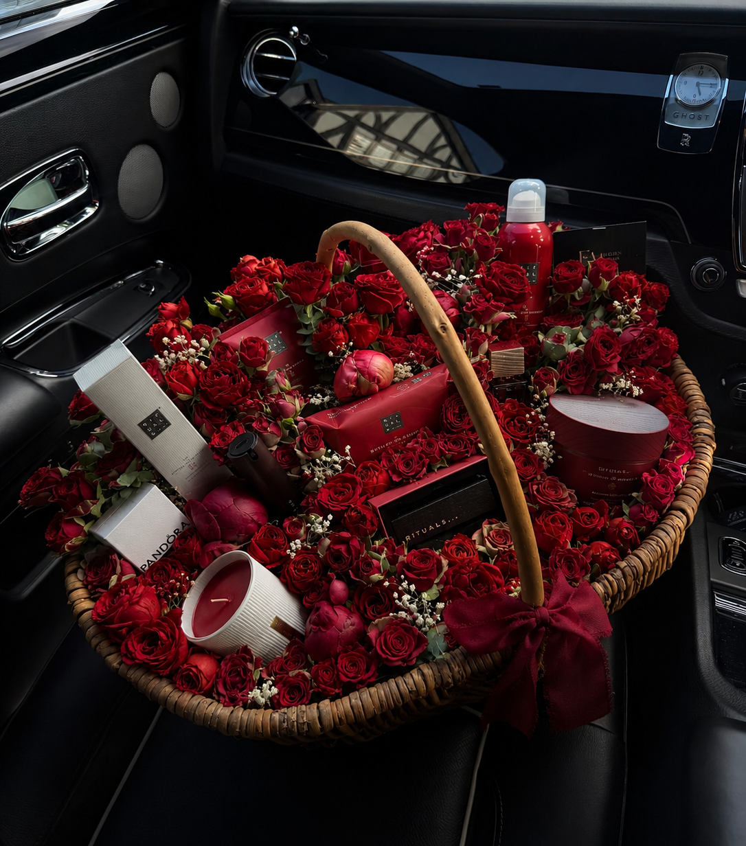 Red bloom basket with products