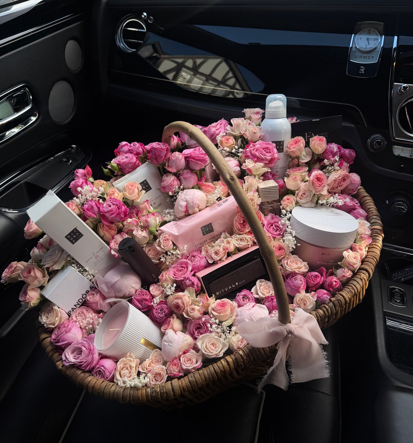 pink bloom basket with products