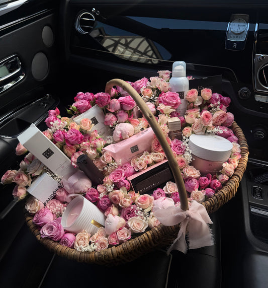 pink bloom basket with products