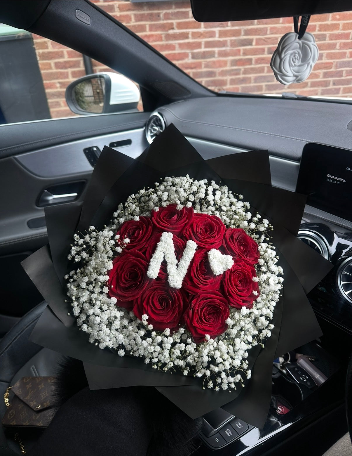 Standard bouquet, red roses with initial – Florals Aurora